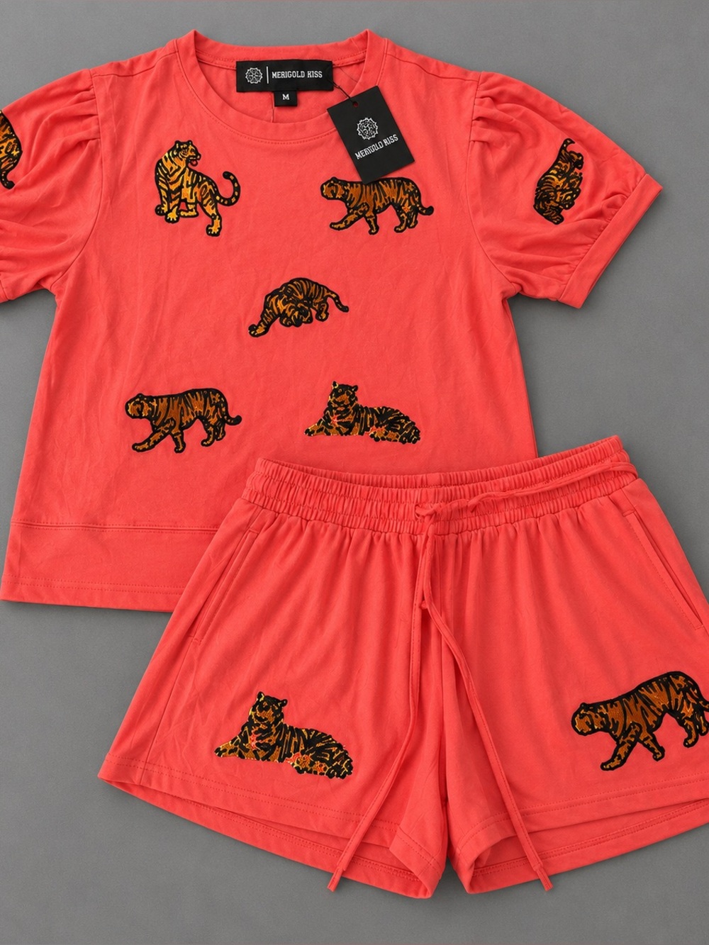 Merigold Kiss Tiger Sequin 2 Piece Top & Shorts Set Coral